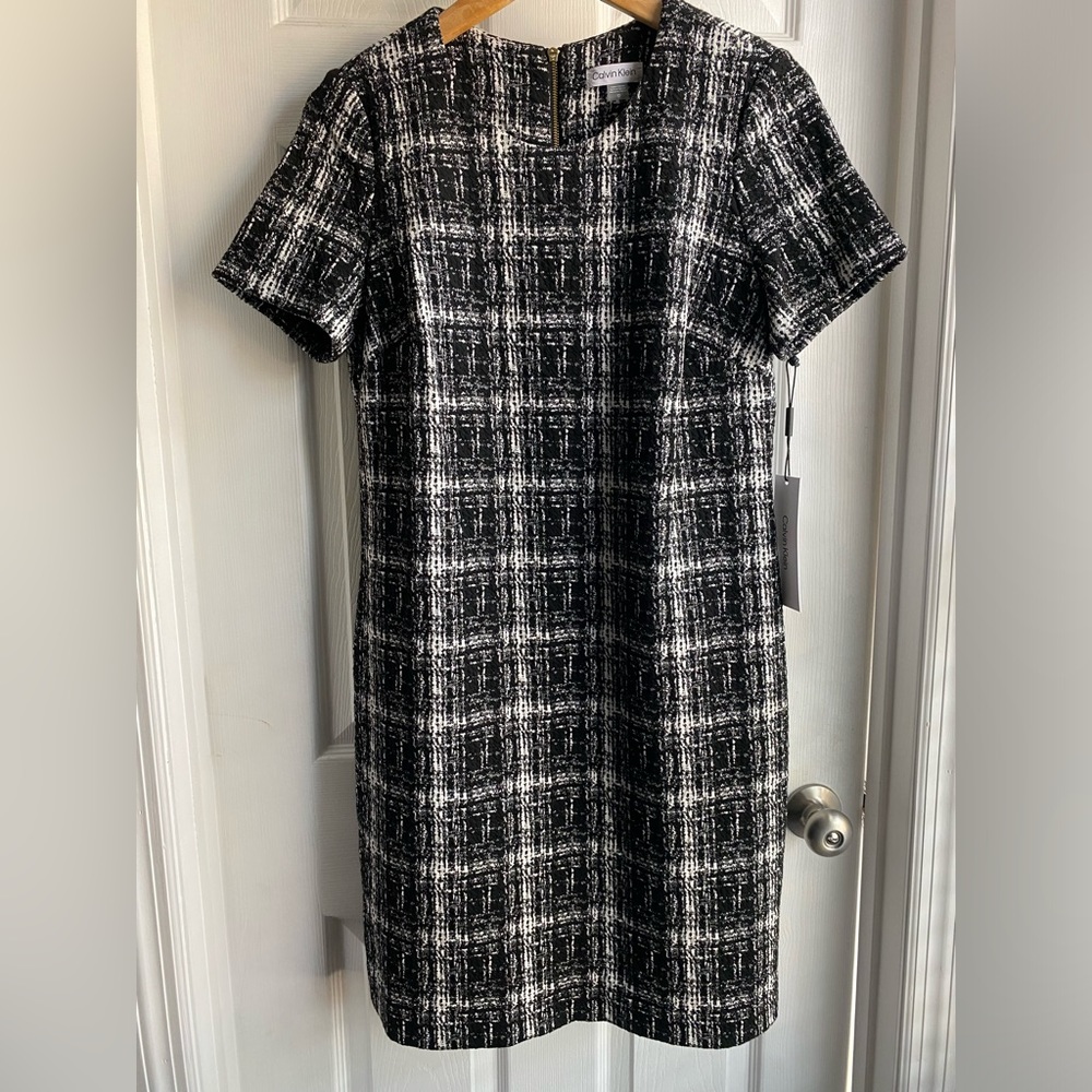 Calvin Klein Womens Tweed Esque Black White Pencil Dress Size 12